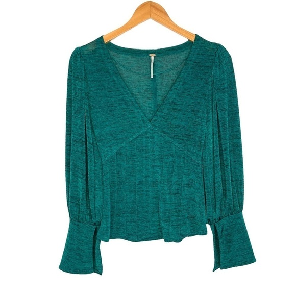 Free People Womens Killer Queen Tee Blouse Sz Small Green Long Sleeve V Neck - Picture 4 of 9